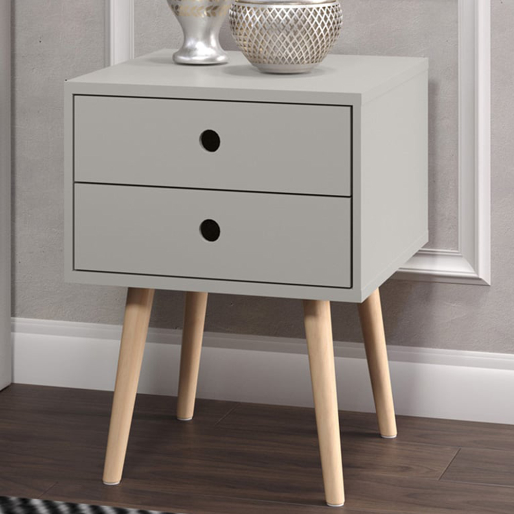 Scandia 2 Drawer Light Grey Tapered Legs Bedside Table Image 1