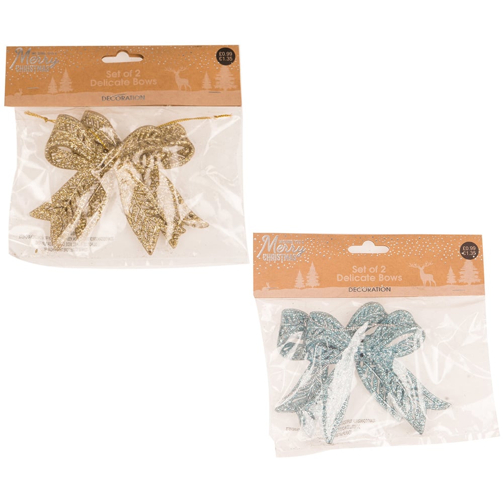 Single Alpine Lodge Glitter Bow Ornament 2 Pack in Assorted styles Image 1