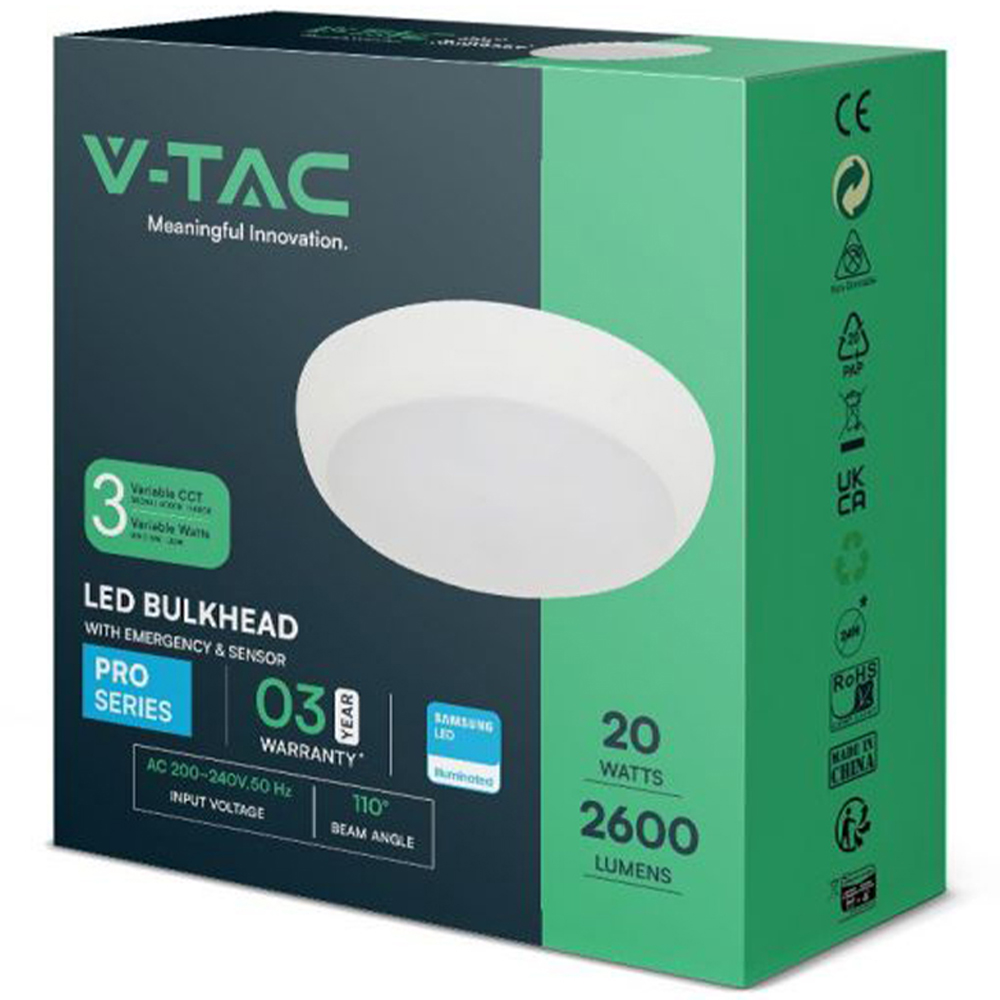 V-TAC All in One White Round CCT and Wattage Switchable Bulkhead Light with Sensor and Emergency Image 3