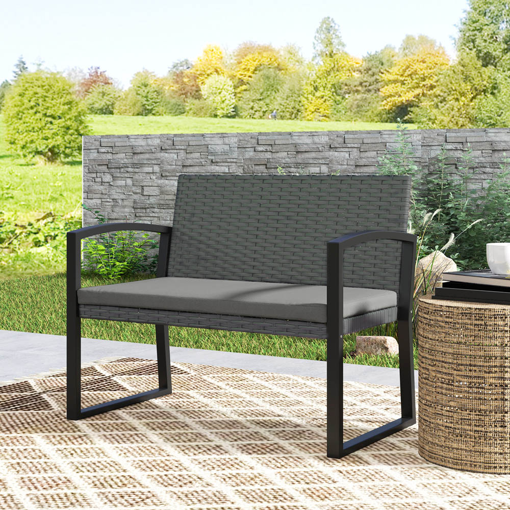 Outsunny 2 Seater Dark Grey Rattan Garden Bench with Cushion Image 3