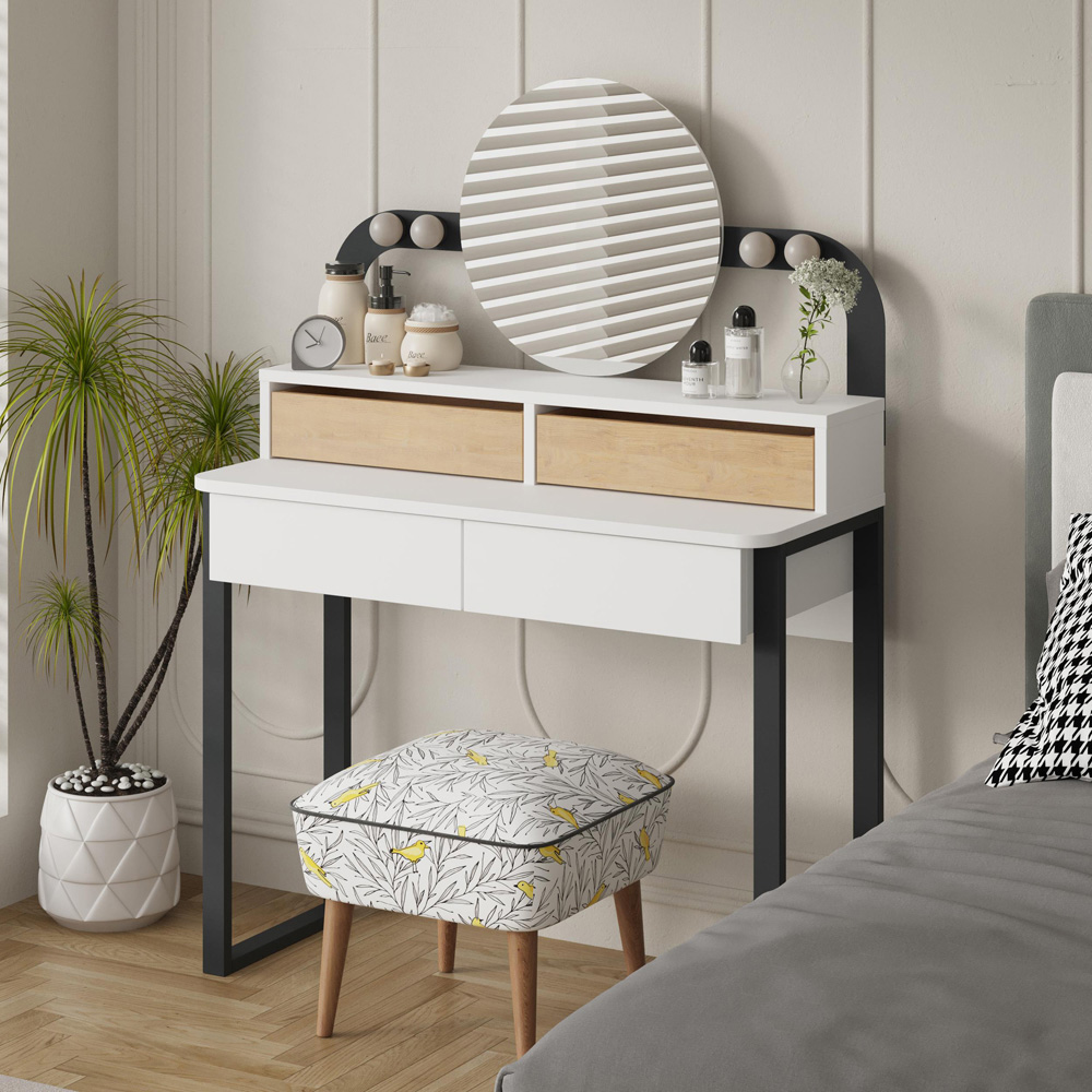 Decortie Lora 4 Drawer White Sapphire Oak Dressing Table with LED Mirror Image 4