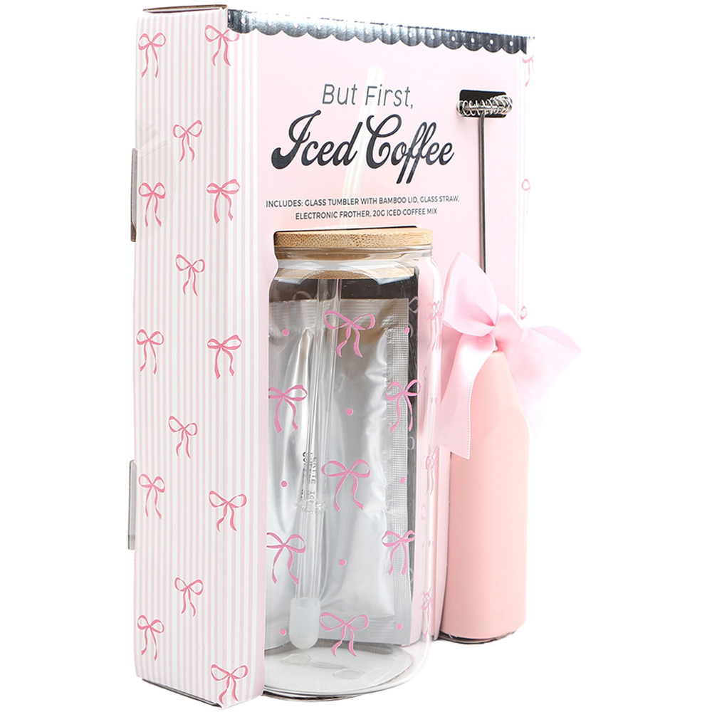 Bow Design Iced Latte Glass and Frother Set Pink Image 3
