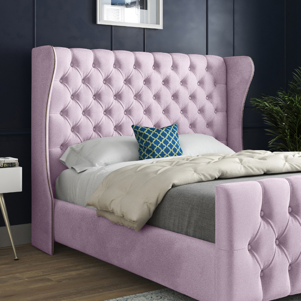 Donati Pink Small Single Velvet Upholstered Bed Frame with Straight Curved Top Headboard Image 3
