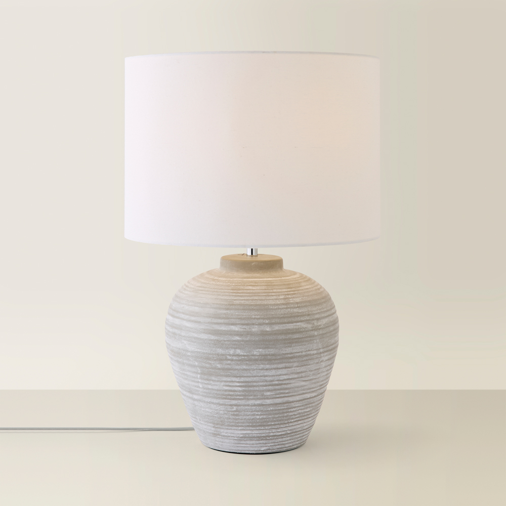 ValueLights Reid Linen Drum Lamp Shade Stone Grey Ribbed Ceramic Large LED Table Lamp Image 3
