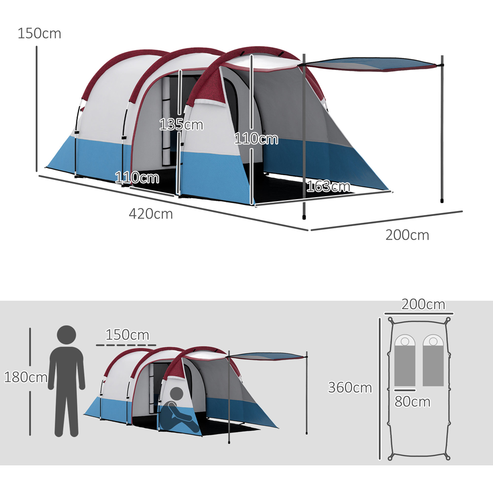 Outsunny 2-3 Person Tunnel Camping Tent with Bedroom and Living Room Red and Blue Image 9
