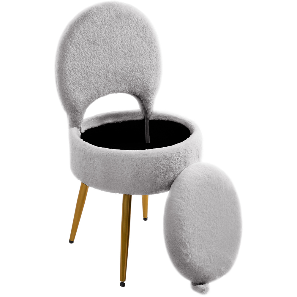 Living and Home Grey Faux Rabbit Fur Round Back Foldable Vanity Chair with Storage Image 2