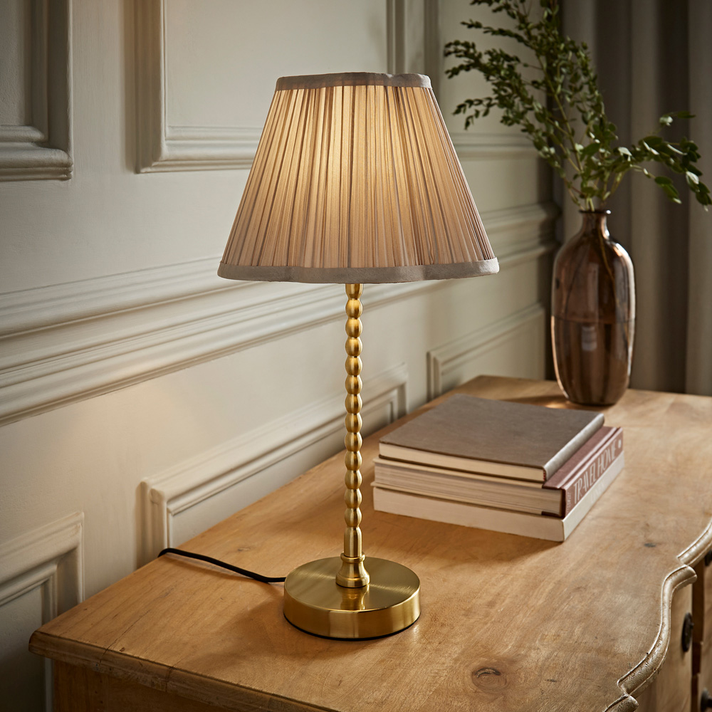 ValueLights Maeve Light Grey Pleat Faux Silk Scallop Shade Gold Bobbin LED Table Lamp Image 2
