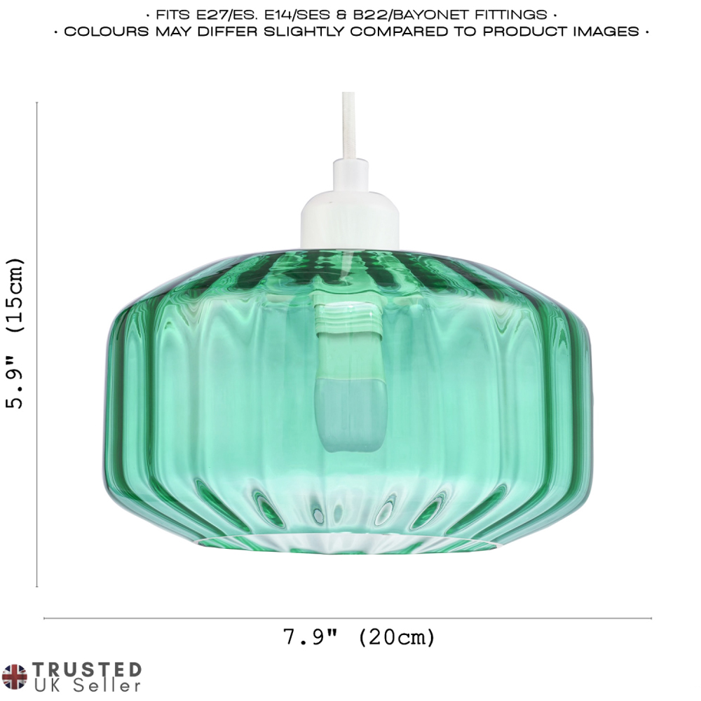 Happy Homewares Emerald Green Ribbed Glass Flat Style Pendant Shade Image 7