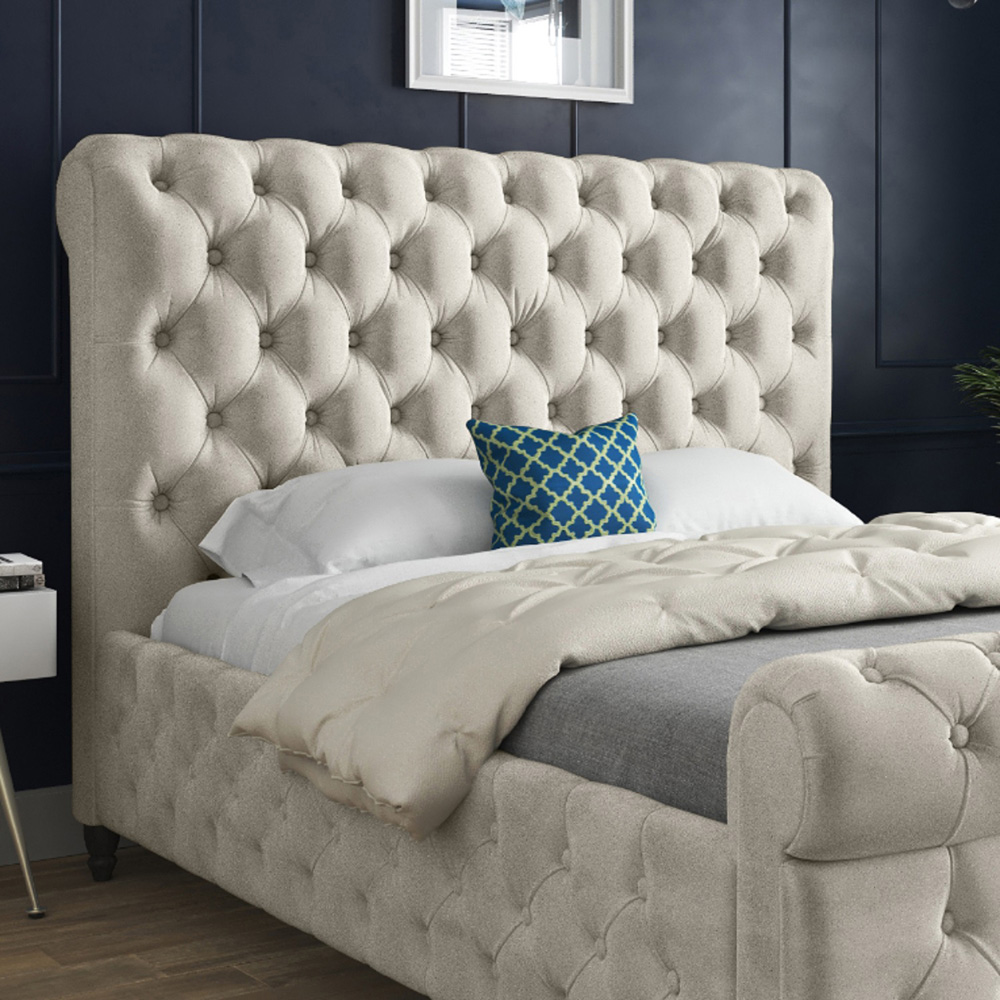 Savana Small Double Silver Soft Velvet Upholstered Sleigh Bed Frame with Scrolled Headboard Image 3