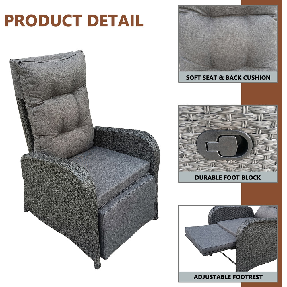 Furniture One 2 Seater Grey Reclining Patio Set with Soft Cushion and Ice Bucket Image 5