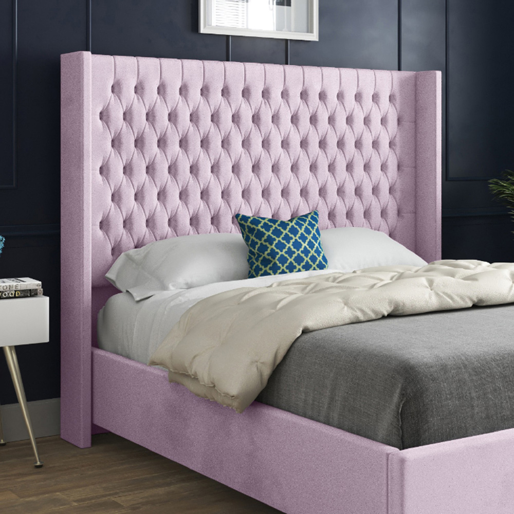 Volta Single Pink Soft Velvet Upholstered Bed Frame with Straight Winged Headboard Image 3