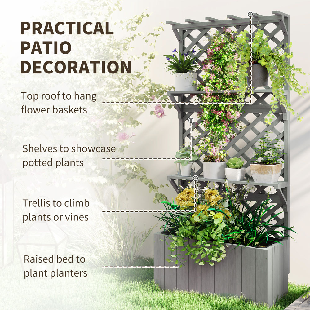 Outsunny 52L 2 Shelf Grey Wooden Raised Garden Bed with Trellis 177 x 33 x 76cm Image 8