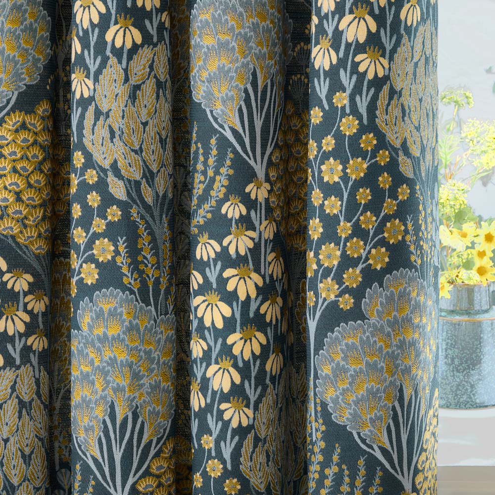 Wylder Nature Ophelia Fully Lined Floral Jacquard Eyelet Curtains Blue and Saffron 168 x 183cm Image 4