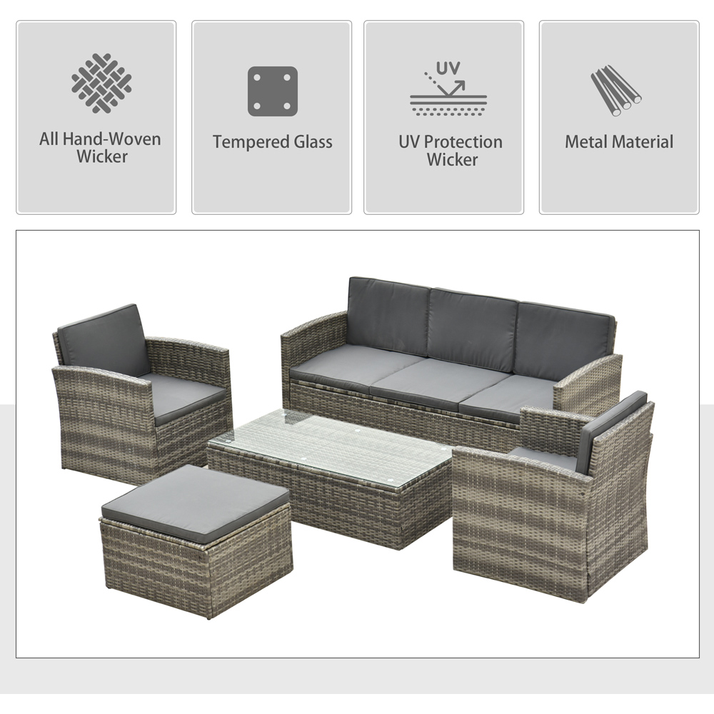 Outsunny 6 Seater Cushion Rattan Garden Patio Sofa Set with Glass Coffee Table Image 4