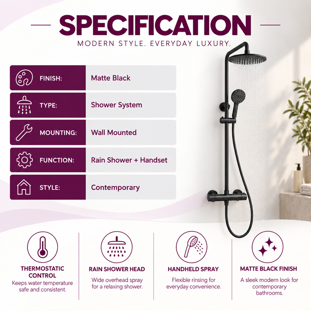 Go Bathrooms Matt Black Round Thermostatic Shower Kit Image 5