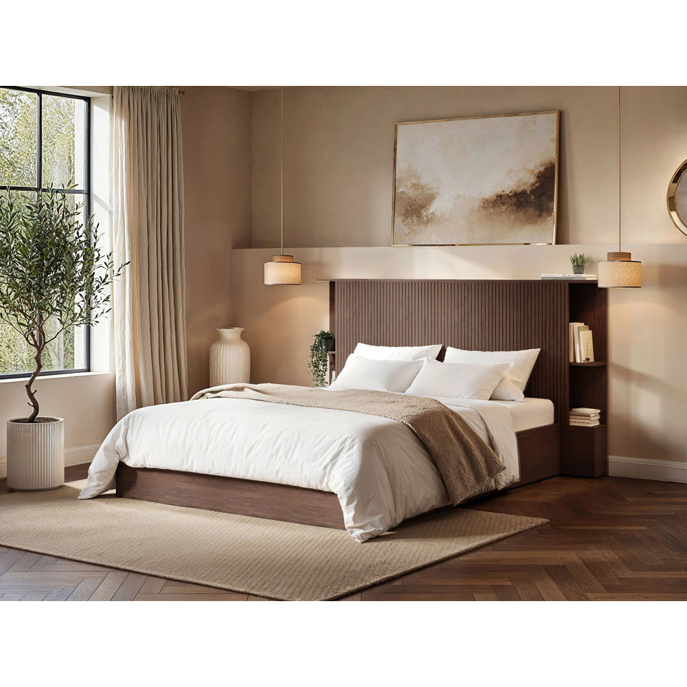 SOLACE+CO Zora Double Walnut Lift-Up Ottoman Bed with Headboard Shelf Image 7