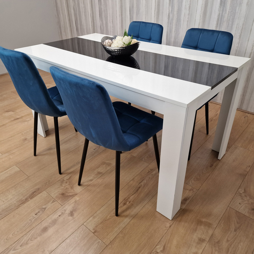 Portland Velvet and Wood 4 Seater Dining Set White Black and Blue Image 2