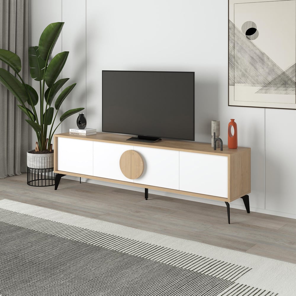 Decortie Gora 4 Door Oak and White TV Unit with Circle Handle Image 6