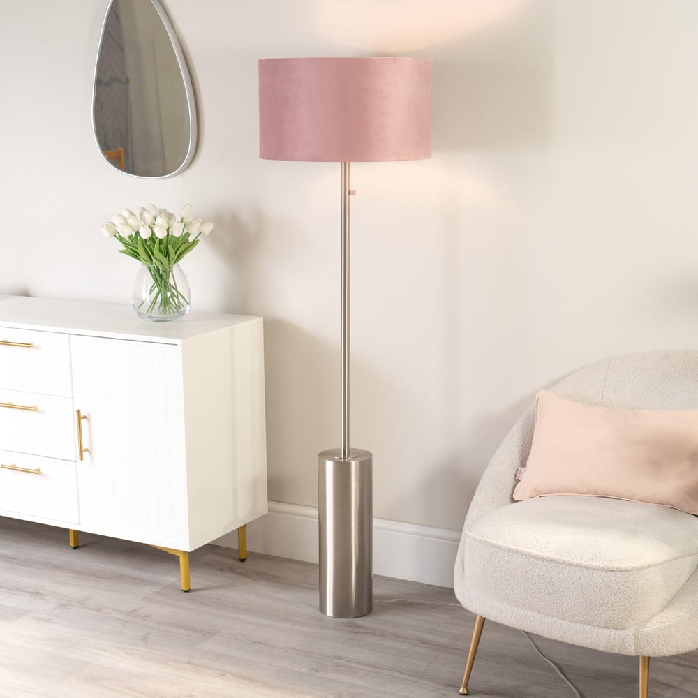 ValueLights Lexy Blush Pink Velvet Shade Chrome LED Floor Lamp Image 2