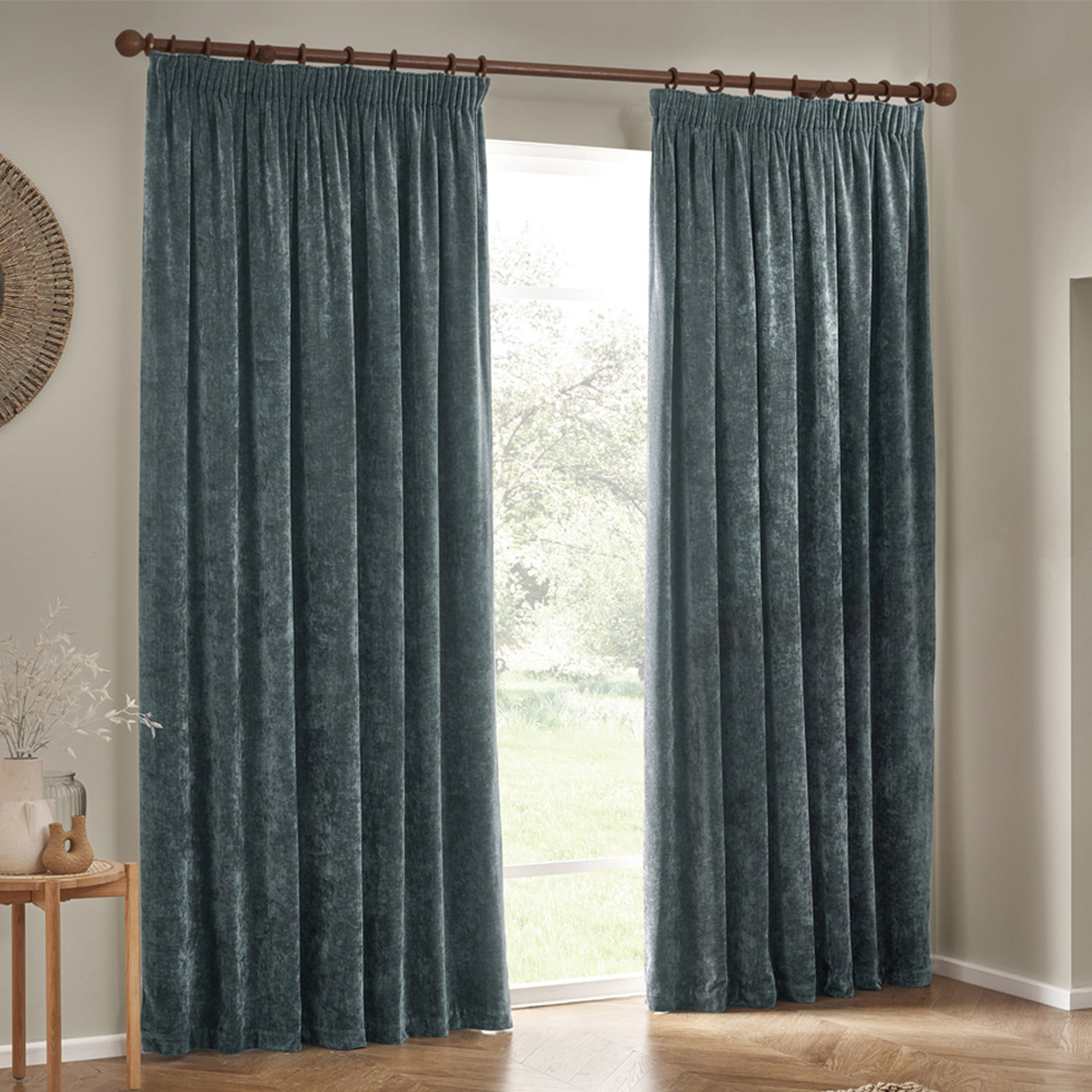 Yard Heavy Marine Chenille Velvet Pencil Pleat Curtains 168 x 137cm Image 1