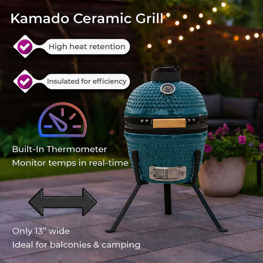 Neo Kamado Blue Portable Ceramic 13 inch Mini BBQ Grill Smoker with Stand Image 7