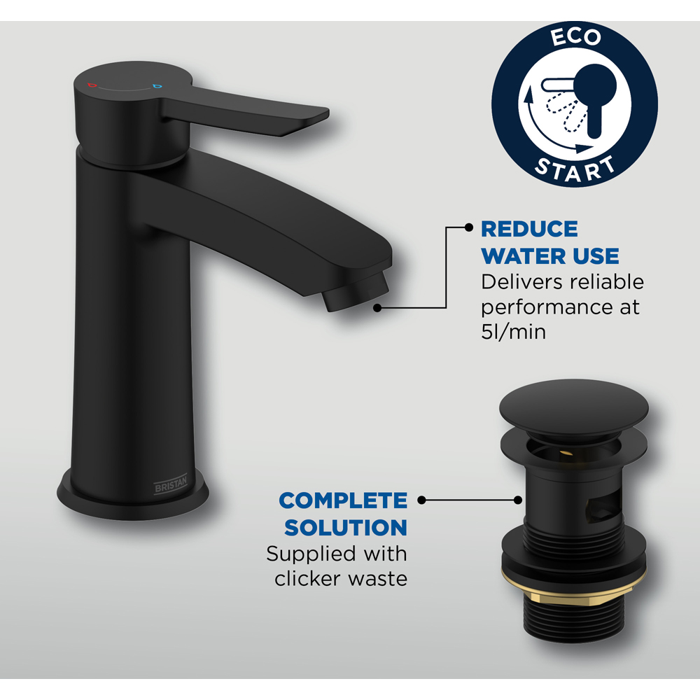 Bristan Apelo Matt Black Cool Start Basin Mixer with Clicker Waste Image 6