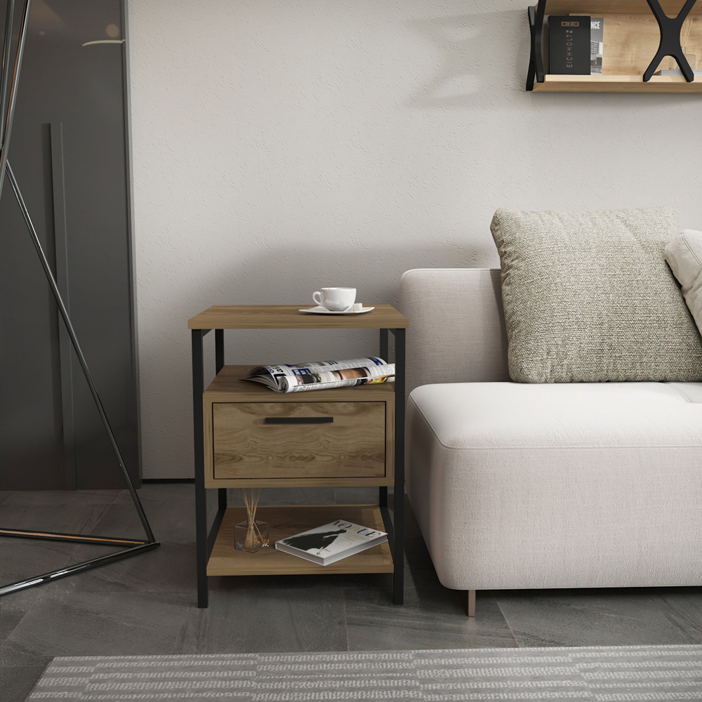 Decorotika Alba Single Drawer 2 Shelf Oud and Black Side Table Image 7