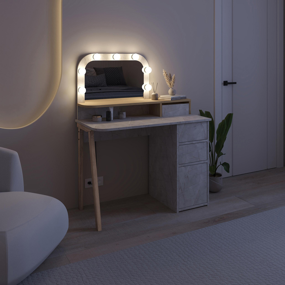 Decortie Avien 3 Drawer Single Door Sapphire Oak Makeup Vanity Table with LED Mirror Image 6