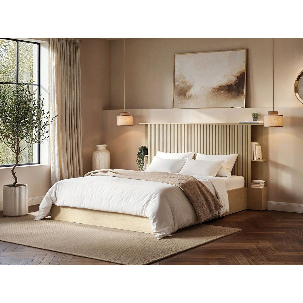 SOLACE+CO Zora King Size Oak Lift-Up Ottoman Bed with Headboard Shelf Image 7