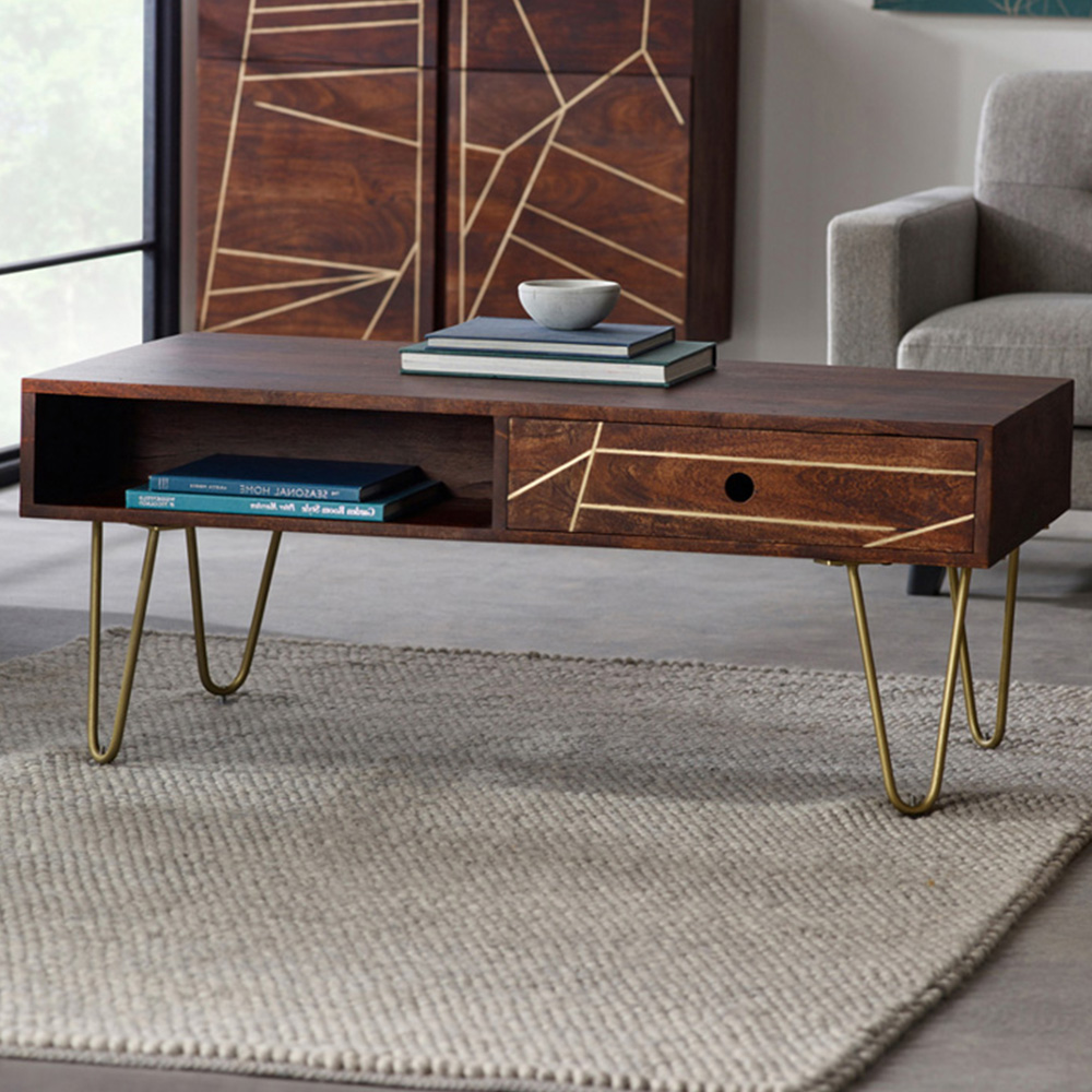 Brooklyn Ozella Single Drawer Single Shelf Dark Gold Coffee Table Image 1