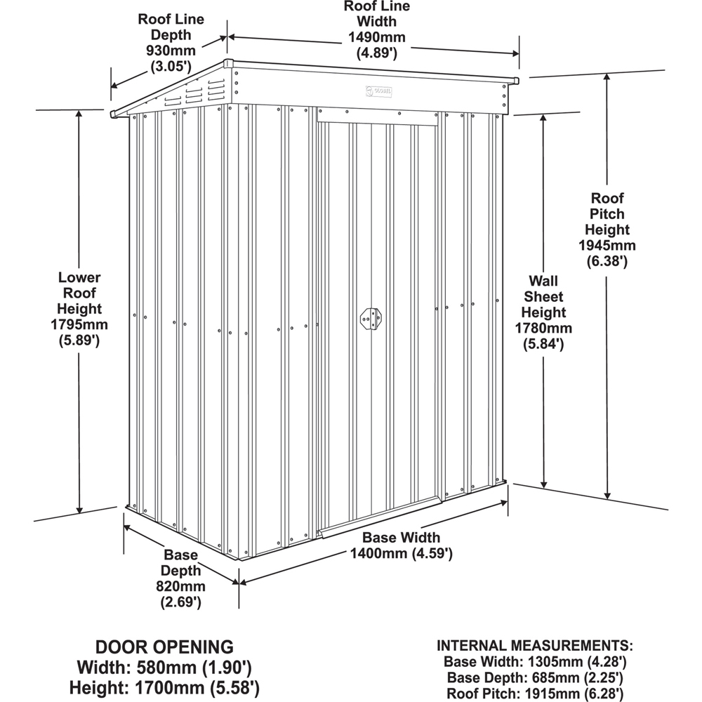 Globel 5 x 3ft 2 Door Grey Metal Pent Garden Shed Image 3