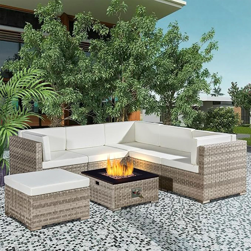 Oseasons Trinidad 6 Seater Dove Grey Rattan Modular Chaise Lounge Sofa Set with Firepit Image 9