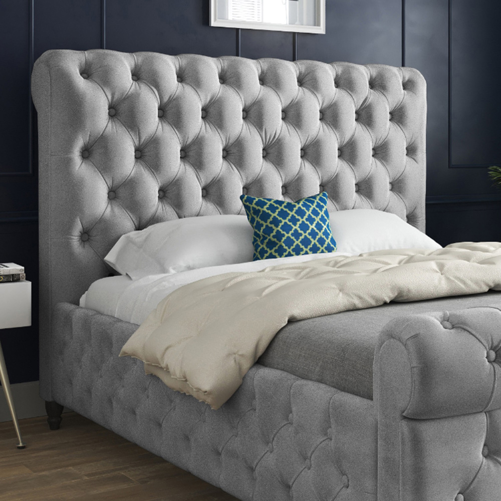 Savana Single Grey Soft Velvet Upholstered Sleigh Bed Frame with Scrolled Headboard Image 3