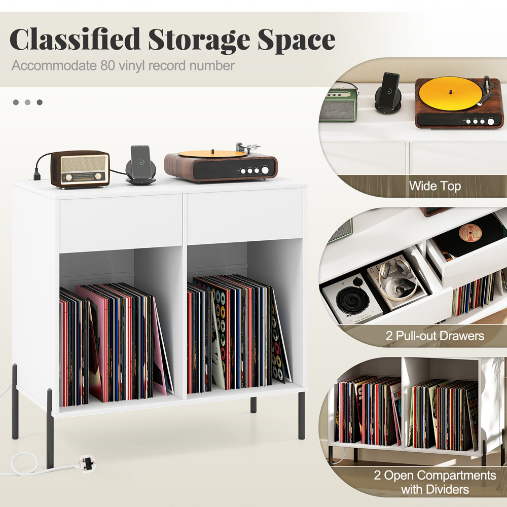 Costway 2 Drawer White Record Player Stand with Power Outlet Image 5