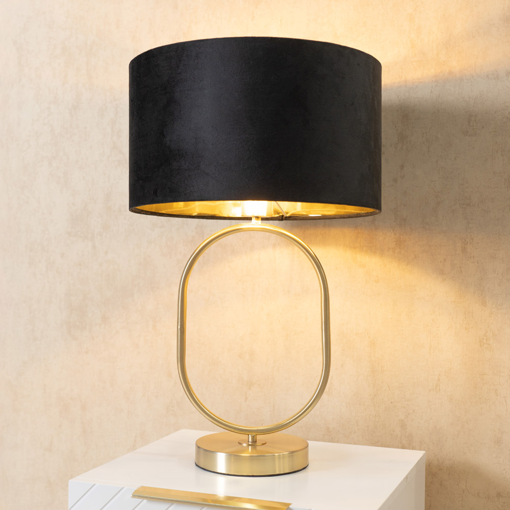 ValueLights Antonia Black Velvet and Gold Drum Shade Brushed Gold Oval LED Table Lamp Image 2