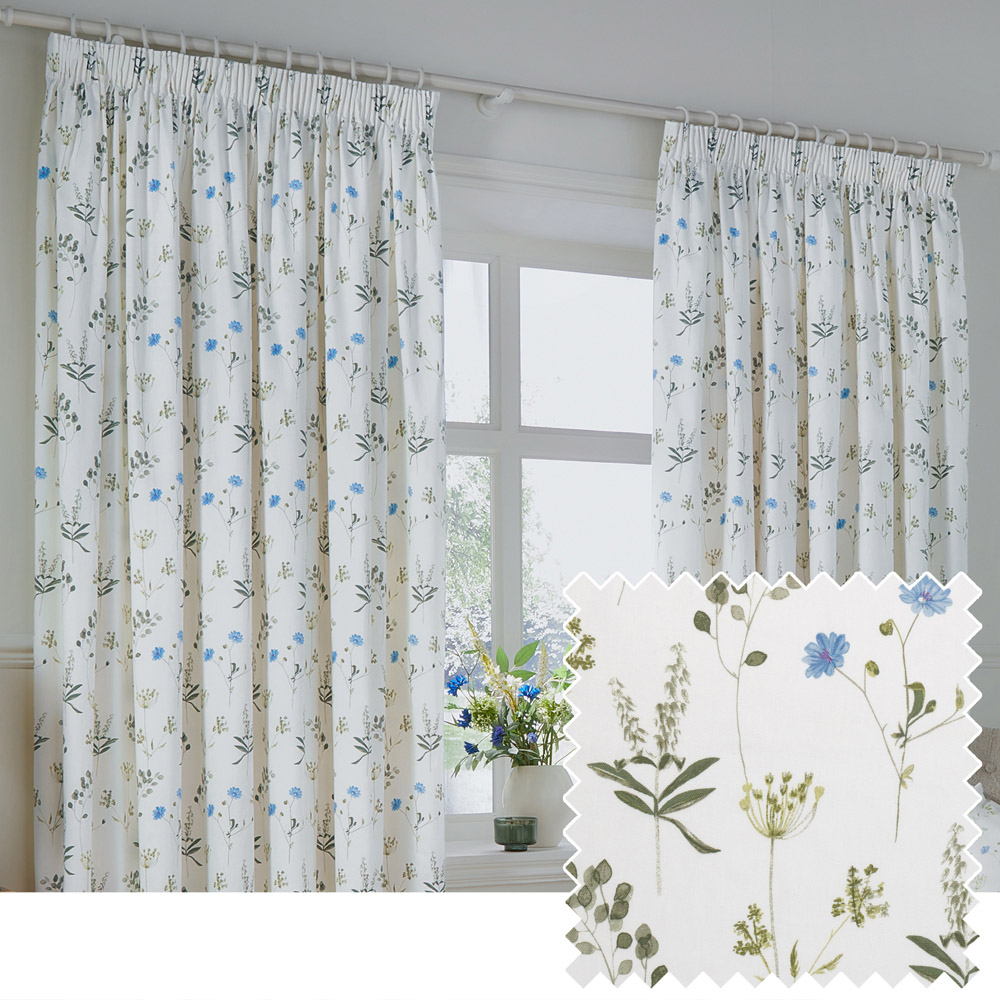 Wylder Nature Meadow Lined Pencil Pleat Curtains White and Cornflower 229 x 183cm Image 7