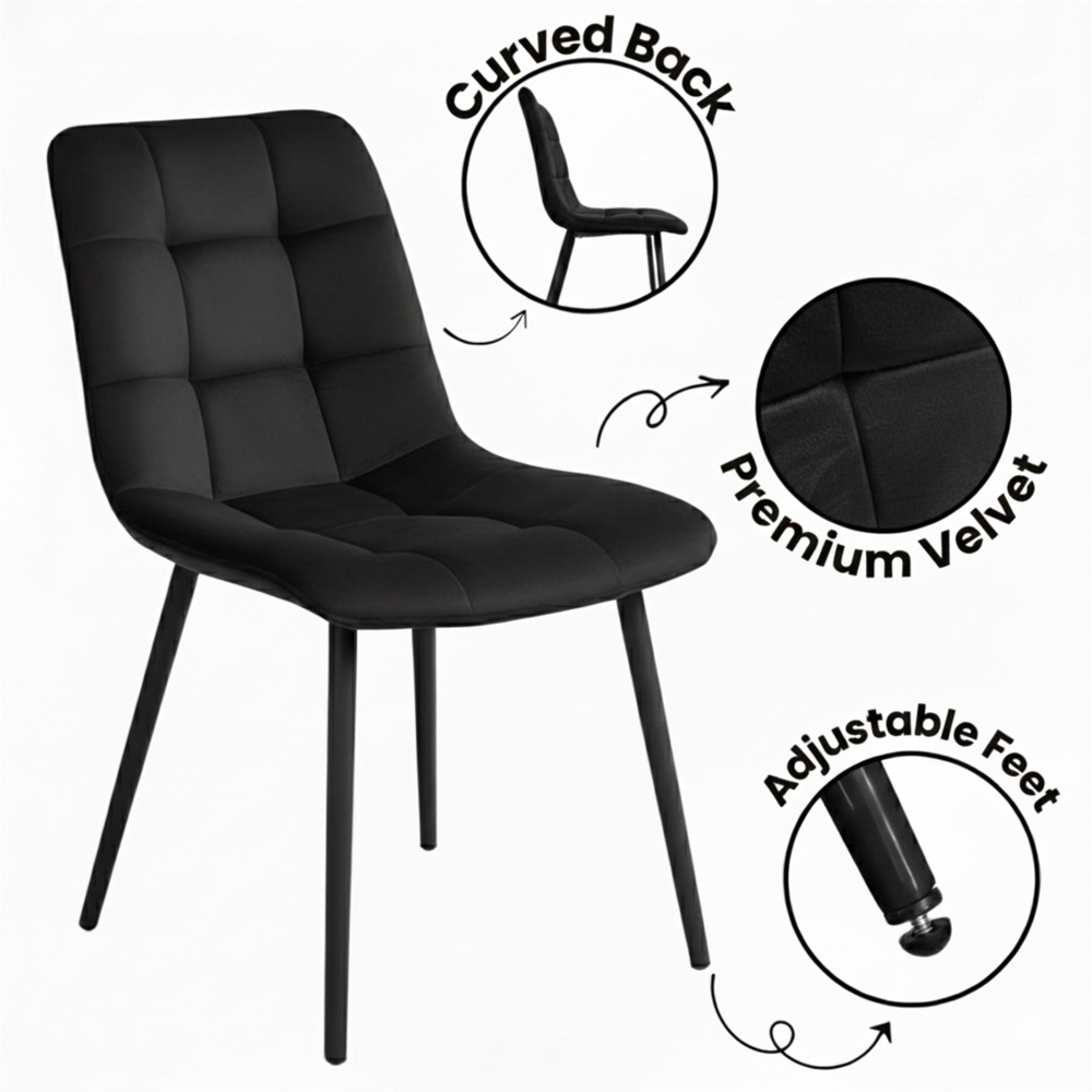Portland 4 Seater Velvet Tufted Glass Tabletop Round Dining Set Black Image 4