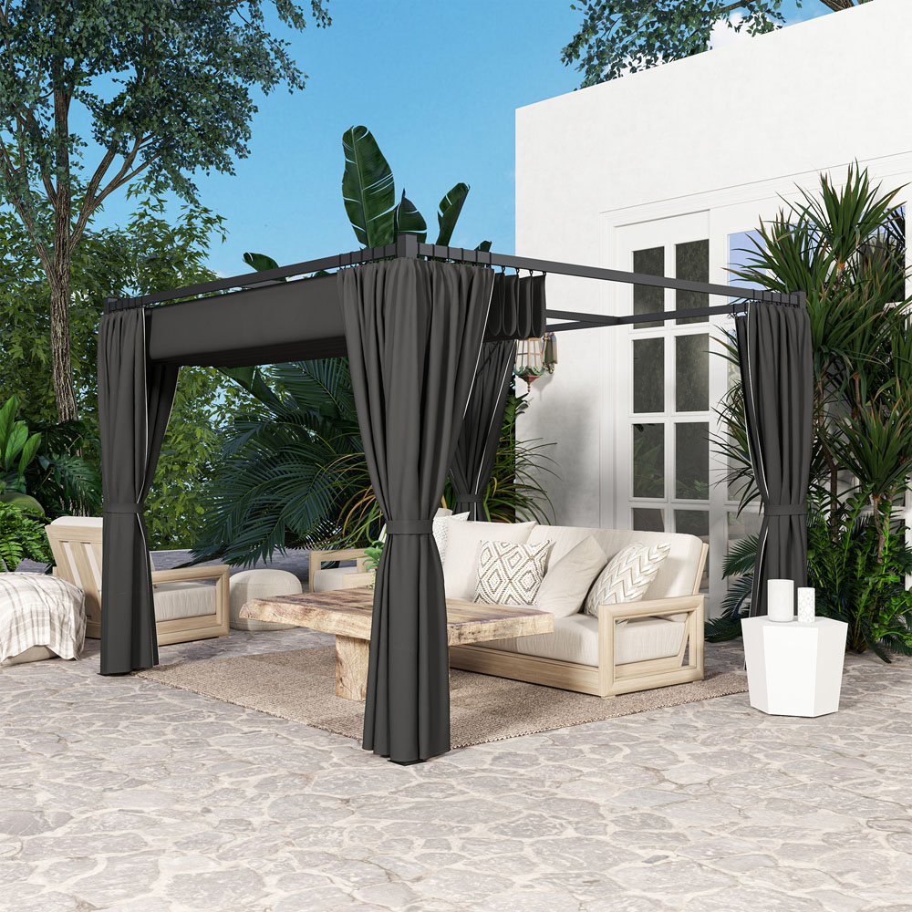 Outsunny 3 x 3m Charcoal Grey Pergola with Retractable Roof and Curtains Image 3