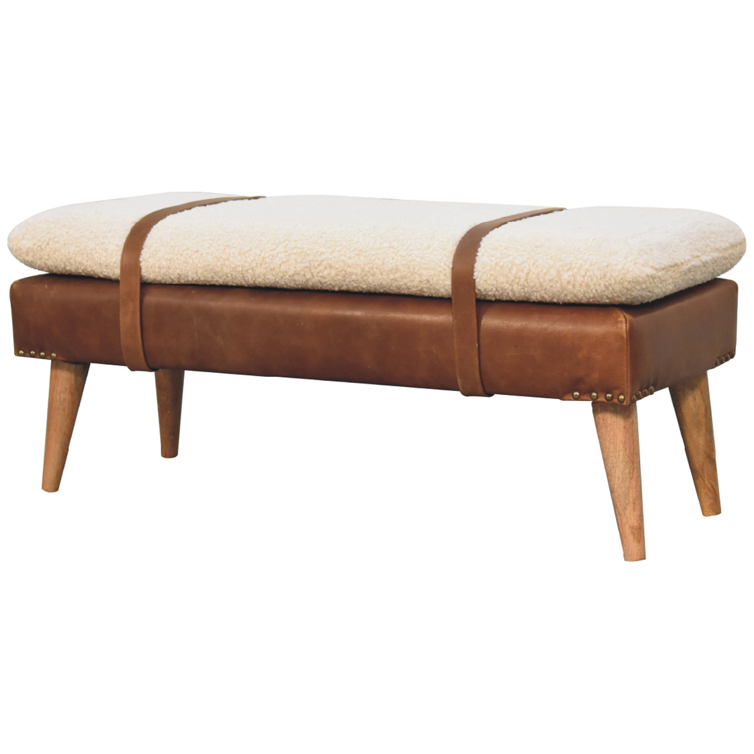 Artisan Furniture Brown and Cream Boucle Buffalo Hide Leather Upholstered Bench Image 3