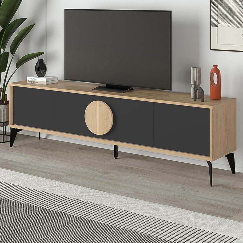 Decortie Gora 4 Door Oak and Silky Black TV Unit with Circle Handle Image 1