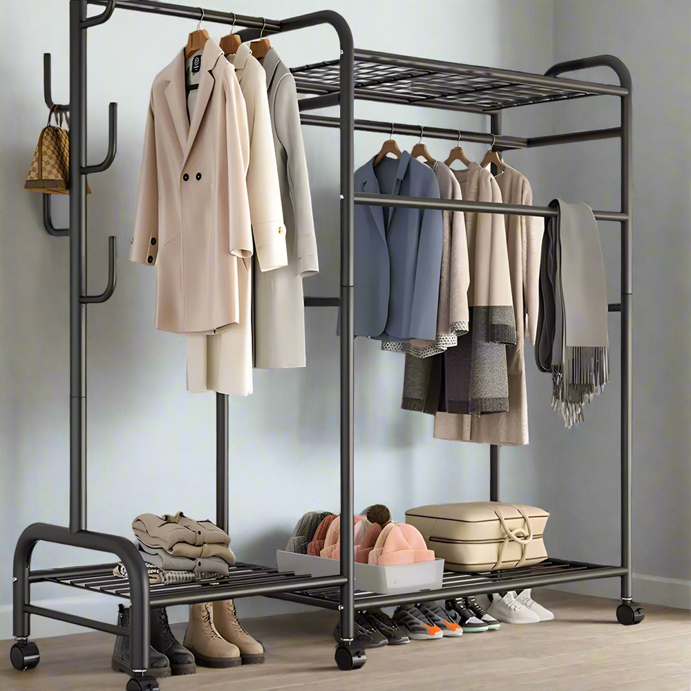 Modcraft 3 Shelf Black Heavy Duty Double Clothes Rail Rack with Wheels Image 2