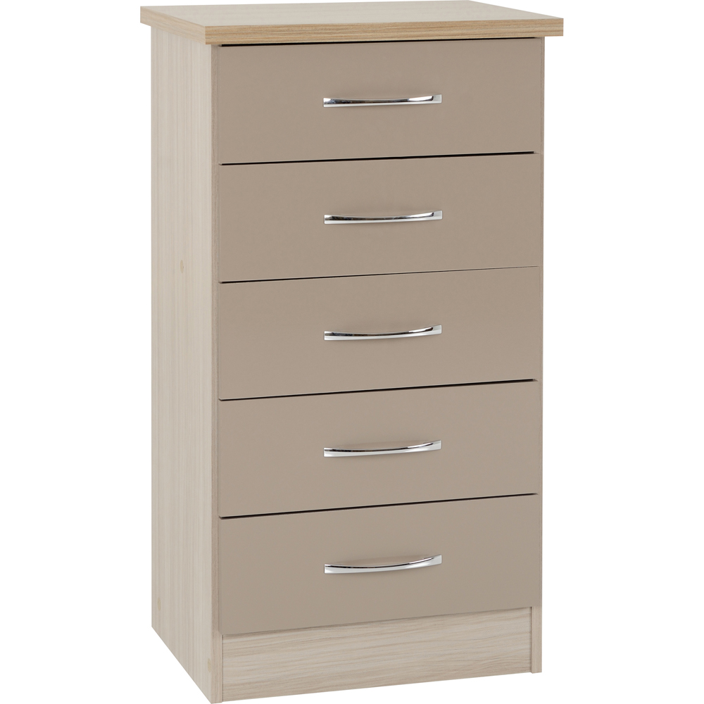 Seconique Nevada 5 Drawer Oyster Gloss Light Oak Effect Veneer Narrow Chest of Drawers Image 2