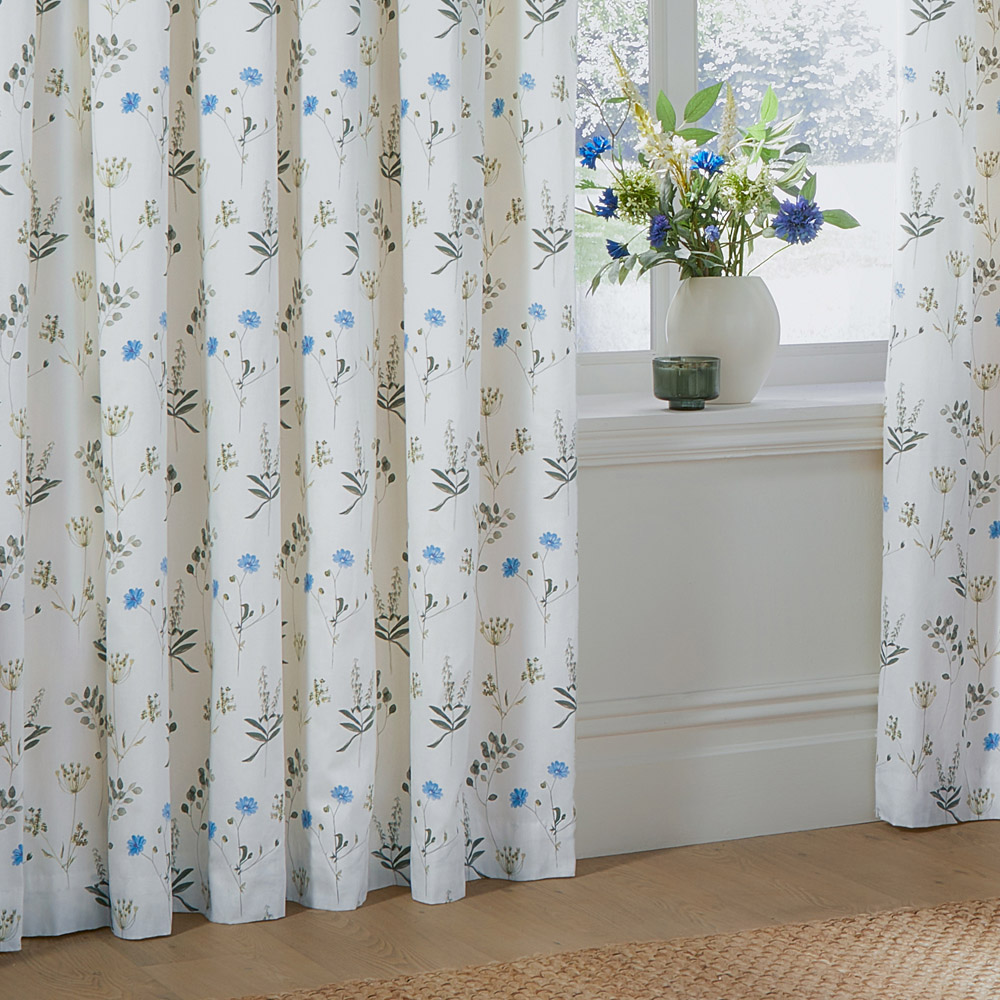 Wylder Nature Meadow Lined Pencil Pleat Curtains White and Cornflower 229 x 183cm Image 3