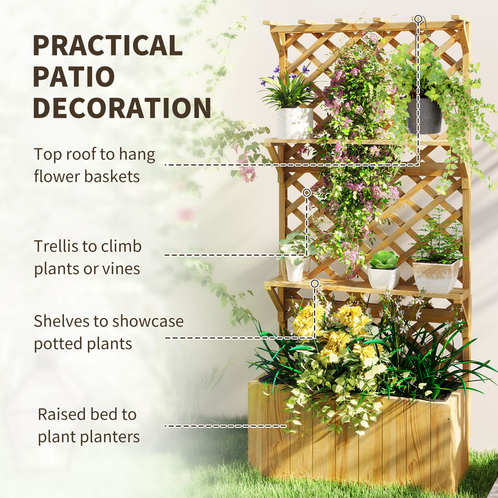 Outsunny 52L 2 Shelf Natural Wooden Raised Garden Bed with Trellis 177 x 33 x 76cm Image 8