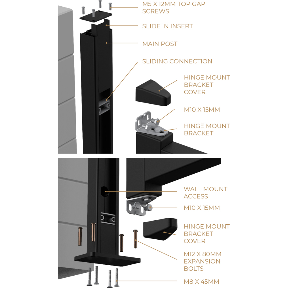 Readymade Gates Black Aluminium Pedestrian Wall Mounted Hinge Gate Post 2000 x 50 x 80mm Image 2