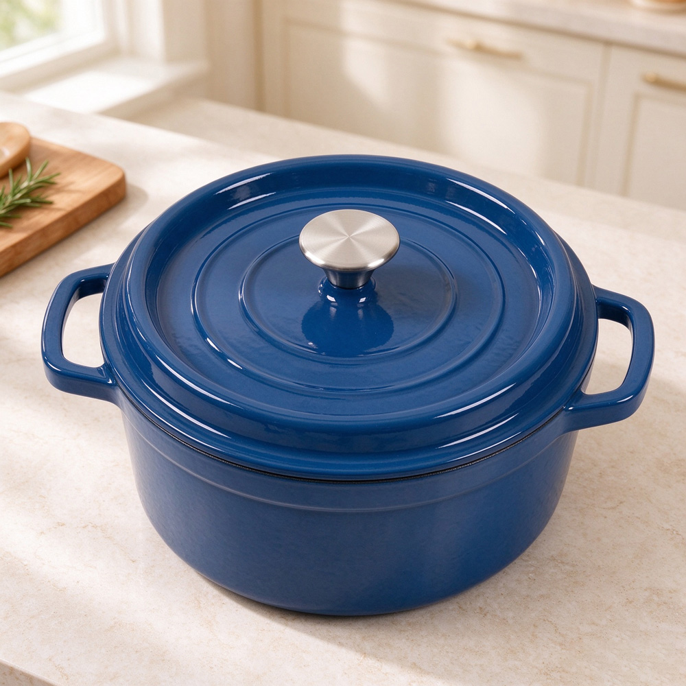 Living and Home Dark Blue Enamelled Cast Iron Dutch Oven Pot 6L Image 2