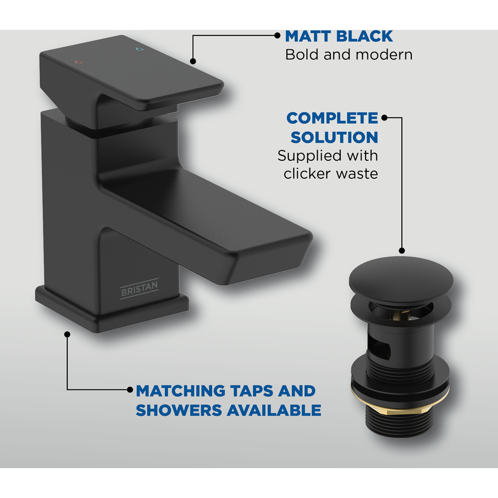 Bristan Cobalt Matt Black Basin Mixer Tap with Clicker Waste Image 5