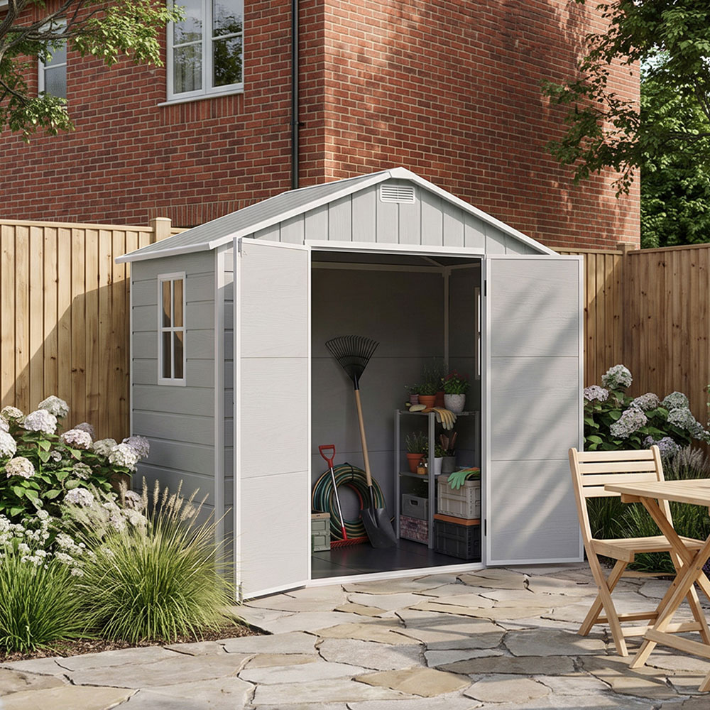 Living and Home 8 x 4ft Smokey Grey Wood Grain Plastic Apex Storage Shed Image 7