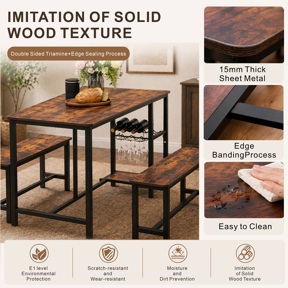 Abrihome 4 Seater Outdoor Dining Bench Set with Shelf and Wine Rack Brown Image 6