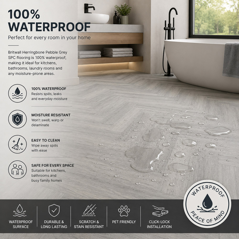 Britwall Pebble Grey Herringbone Wood-Embossed SPC Vinyl Flooring 625 x 125mm 20 Pack Image 5